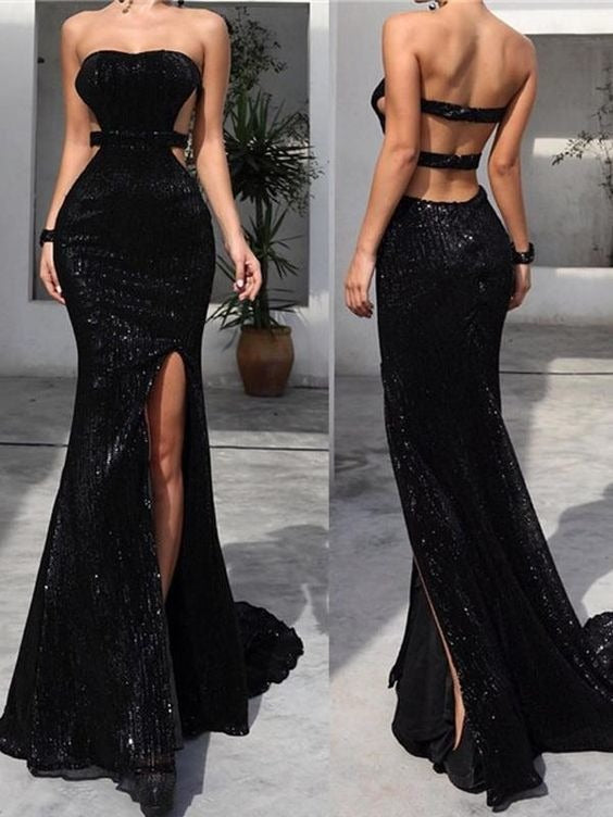 Backless Black Mermaid Long Prom Dresses Side Slit Sequence Sweetheart BD22134