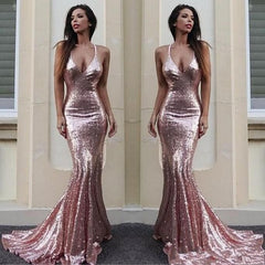 V Neck Sequence Pink Mermaid Long Prom Dresses BD22100