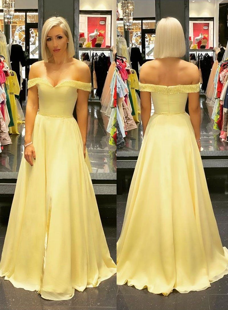 Off Shoulder A Line Chiffon Sweetheart Daffodil Long Prom Dressess BD22106