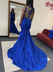 Mermaid V Neck Royal Blue Long Prom Dresses With Appliques BD22107