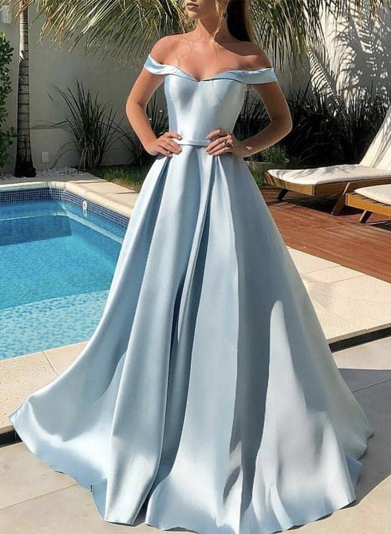 Off Shoulder Light Sky Blue A Line Elastic Satin Long Prom Dresses BD22104