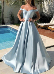 Off Shoulder Light Sky Blue A Line Elastic Satin Long Prom Dresses BD22104