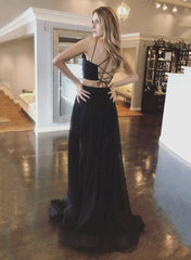 Two Pieces Tulle Halter A Line Black Lace Up Long Prom Dresses BD22101