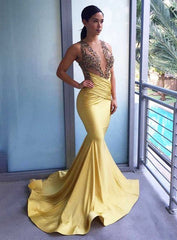 Mermaid Ruffles Daffodil Satin Backless Open Front Beaded Long Prom Dresses BD22108