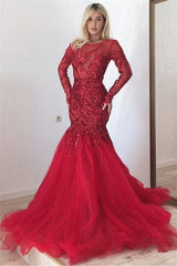 Long Sleeves Mermaid Lace Red Tulle Long Prom Dresses,BD22125