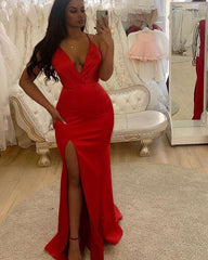 Deep V Neck Sheath Red Side Slit Long Prom Dresses BD22130