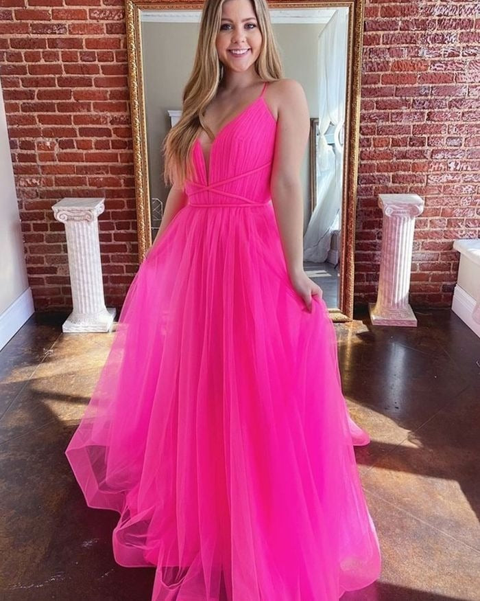 Pink Sweetheart A Line Beaded Tulle Long Prom Dresses BD22105