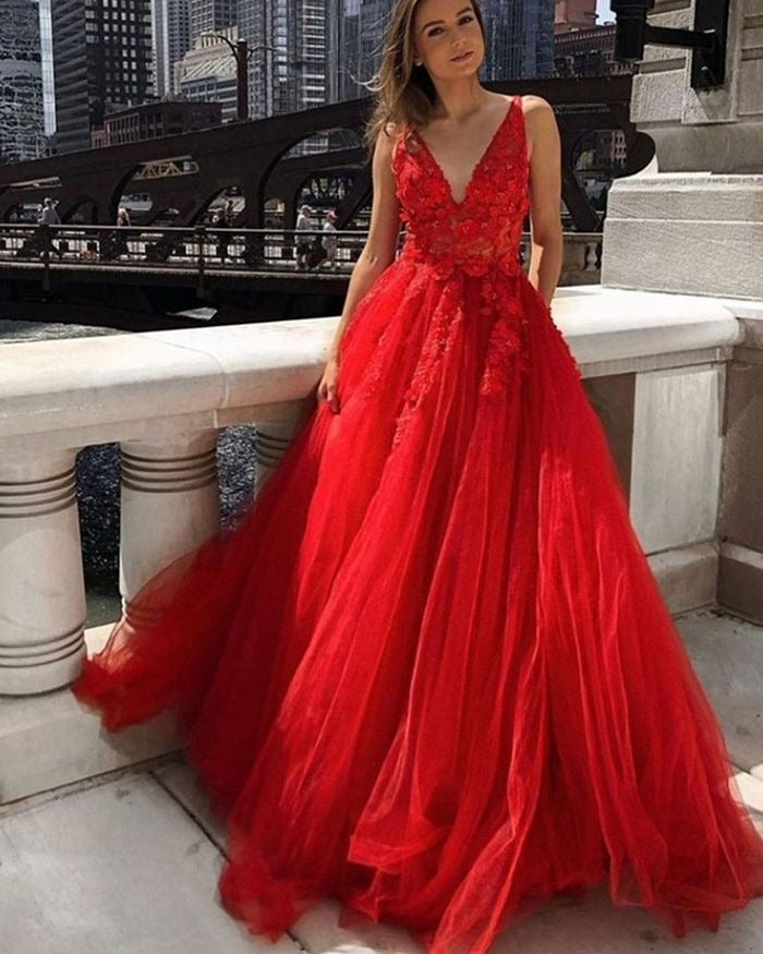 Red A Line Tulle With Appliques V Neck Long Prom Dresses BD22103