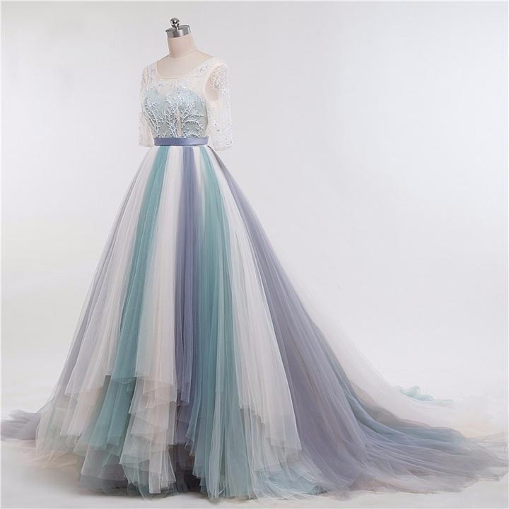 Modest Long Sleeves Gradient Color Prom Dresses,Charming Ball Gown,PO31