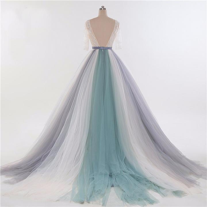 Modest Long Sleeves Gradient Color Prom Dresses,Charming Ball Gown,PO31