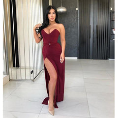 Sexy Strapless Burgundy Side Slit Long Evening Dress,HO91