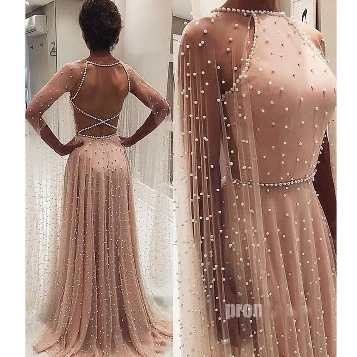 Beaded Dusty Pink Long Sleeves Long Chic Prom Dress, BO18