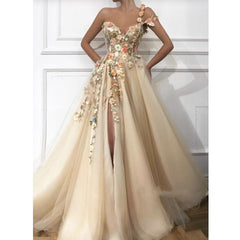 Side Slit One Shoulder Champagne Long Chic Prom Dress, BO19