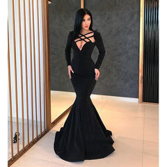 Black long sleeves mermaid formal long Prom Dress, BO21