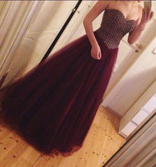 burgundy tulle sweetheart beaded long princess prom dress,HO139