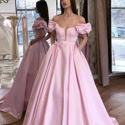 Pink Puffy Sleeves Satin Prom Dresses A Line Long Party Evening Dresses With Pockets,BD22002