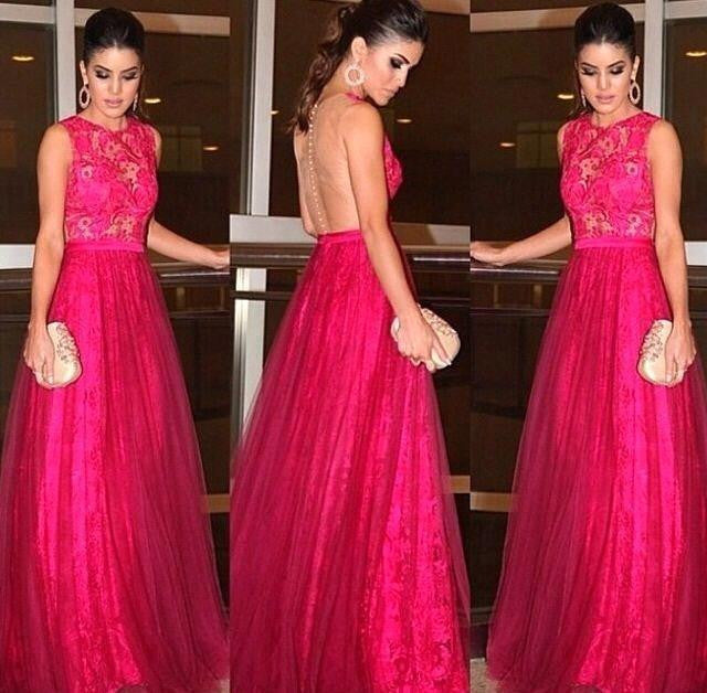 hot pink Evening Dress,formal Prom Dress,lace prom dress,see through back prom dress,charming evening dress,BD2962