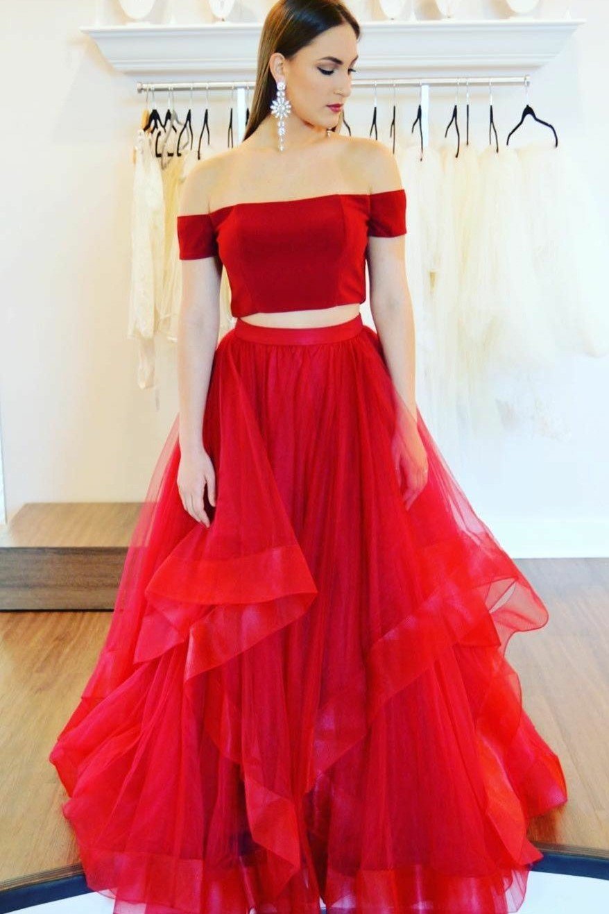 Red Satin Two Piece Prom Gown, BH91252