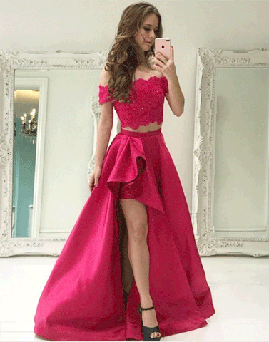 Red two pieces lace long prom dress, red evening dresses,PD790013