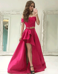 Red two pieces lace long prom dress, red evening dresses,PD790013