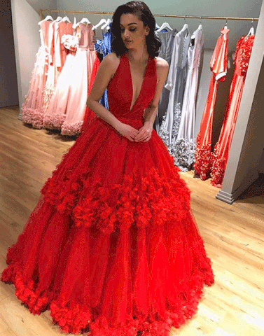 Unique red v neck tulle long prom dress, evening dresses,PD790019