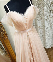 Pink Sweetheart Neck Tulle Long Prom Dresses, Pink Evening Dresses,PD4558950