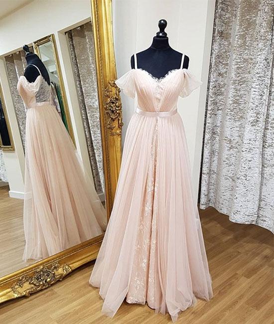 Pink Sweetheart Neck Tulle Long Prom Dresses, Pink Evening Dresses,PD4558950