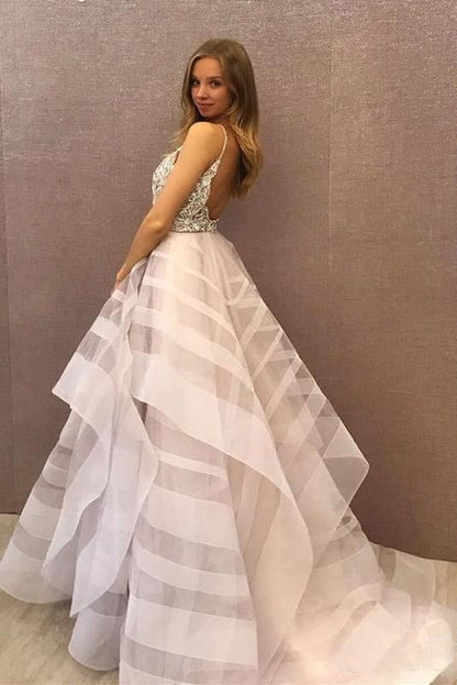 A-Line Scoop Tulle Sparkly Beading Ball Gown Asymmetrical Backless Prom Dresses,BD22049