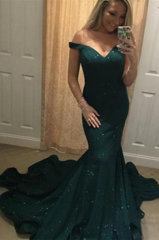 2022 Charming Off-the-Shoulder Green Mermaid Sweetheart Beads Prom Dresses,BD22045