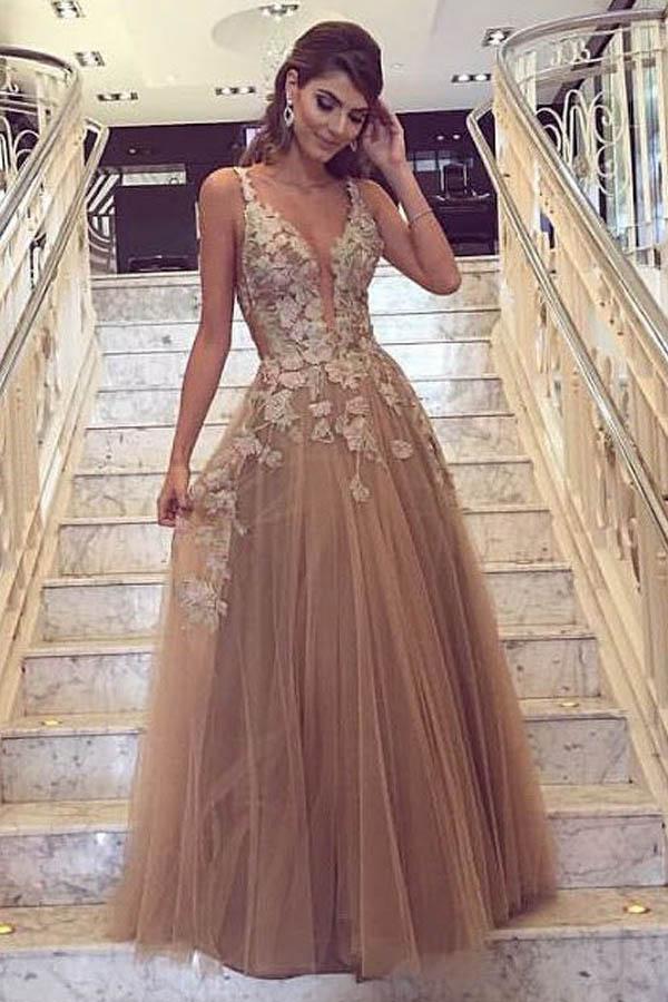 Spaghetti Straps Light Brown Tulle With Appliques Long Prom Dress, BO06