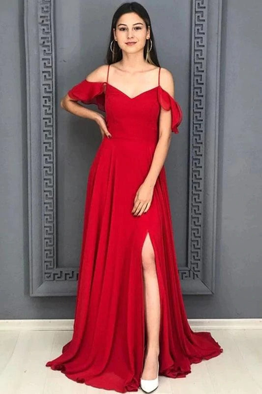 A Line Red Chiffon Prom Dresses Long Sexy Split Evening Dresses,BD22041