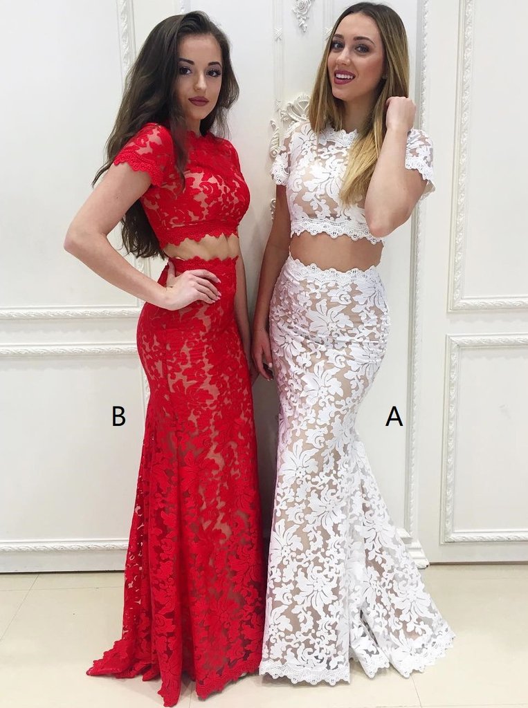 Two Piece Prom Dresses,Lace Prom Dress,Prom Dress with Sleeves,Mermaid Prom Dress,072609