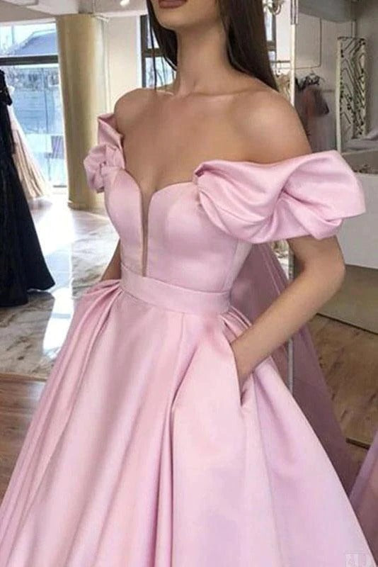 Pink Puffy Sleeves Satin Prom Dresses A Line Long Party Evening Dresses With Pockets,BD22002