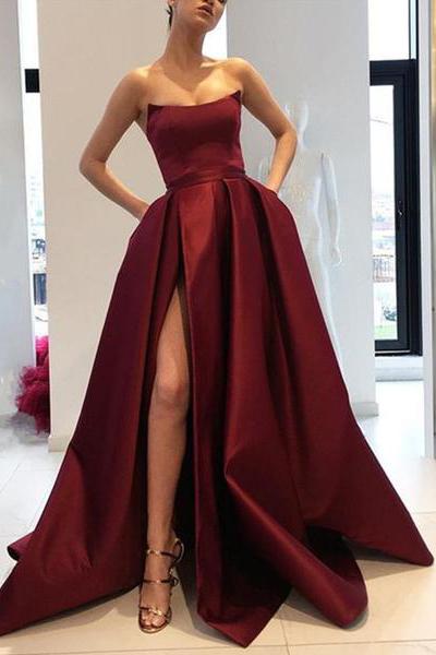 Strapless Burgundy Side Slit Long Formal Evening Dress, BO11