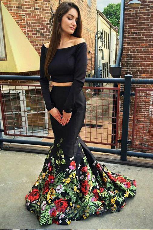 Mermaid Two Pieces Long Black Off Shoulder Prom Dress, BO05