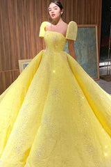 Ball Gown Sparkly Yellow Short Sleeves Prom Dresses Evening Dress,BD22034