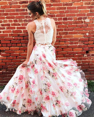 Lace Top Floral Skirt Two Pieces Long Chic Prom Dress, BO17