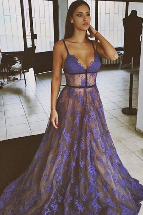 Sexy Spaghetti Straps See Through Royal Blue Lace Long Prom Dresses Evening Dresses,PD1000