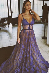 Sexy Spaghetti Straps See Through Royal Blue Lace Long Prom Dresses Evening Dresses,PD1000