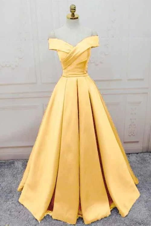 Simple Yellow Off the Shoulder Prom Dresses Lace up Sweetheart Satin Party Dresses,BD22016