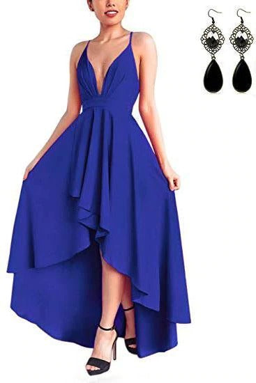 Sexy V Neck Asymmetrical Blue High Low Criss Cross Prom Dresses Evening Dresses,BD22015