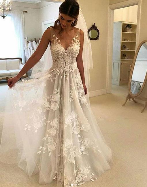 White v neck tulle lace long prom dress, evening dress