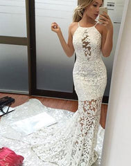 White mermaid lace long prom dress, lace evening dresses,BD1108