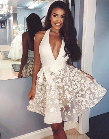 Cute v neck short prom dress, white homecoming dress,081601