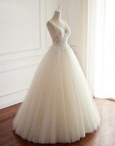 White v neck lace tulle long prom dress, evening dress,072501