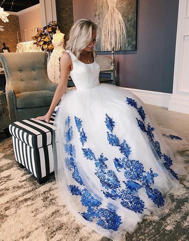 White tulle and blue lace long prom dress, evening dresses,072505