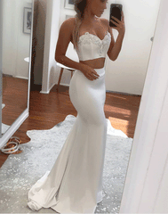 White two pieces long prom dress, white evening dress