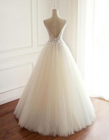 White v neck lace tulle long prom dress, evening dress,072501