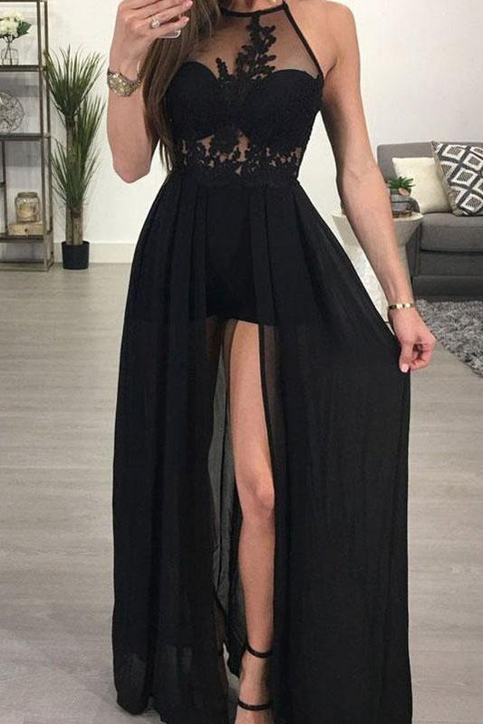 A-line Halter See-through Black Floor Length Appliqued Chiffon Sexy Long Prom Dresses,BD22005