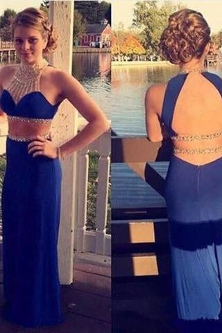 Two Pieces Open Back Royal Blue Mermaid Halter High Neck Beading Long Prom Dress,BD22004